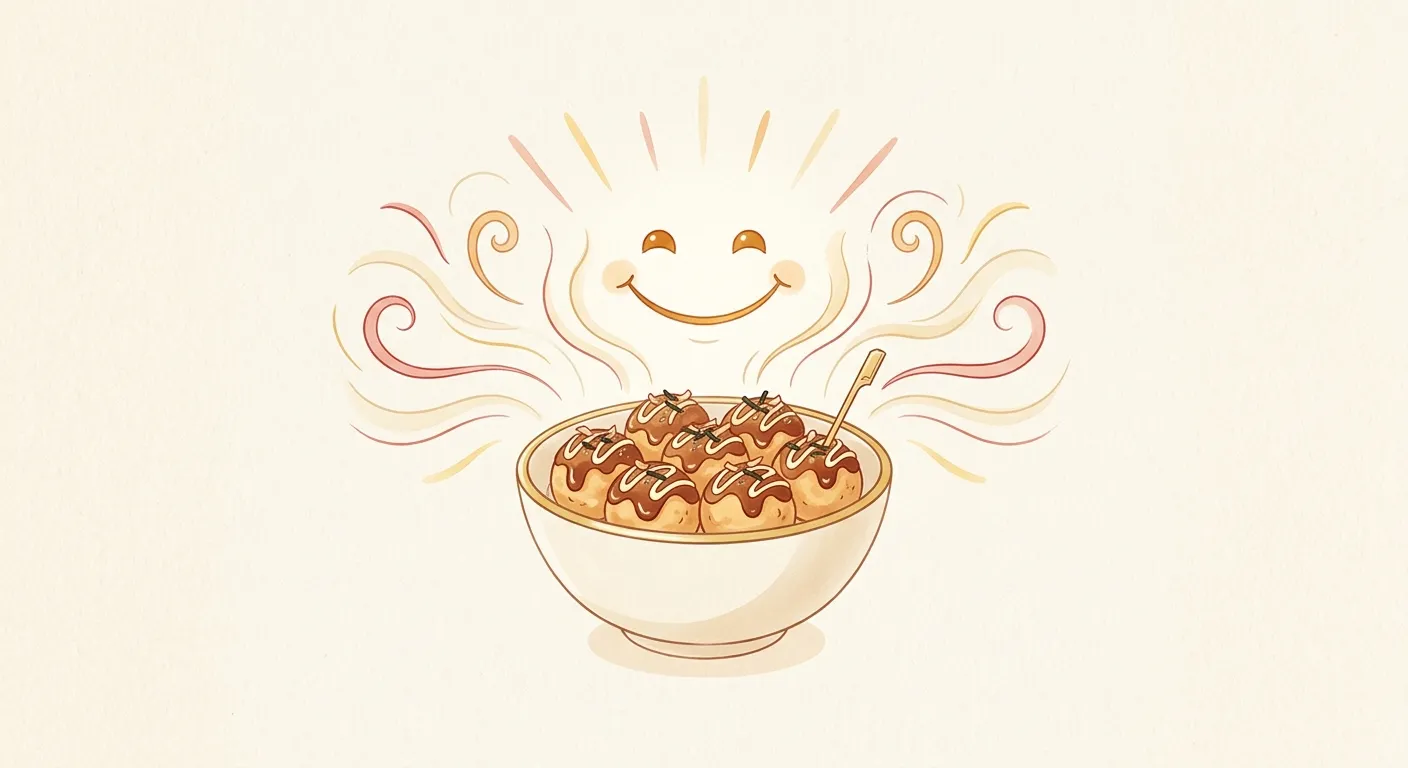 Ilustración minimalista de takoyaki y una sonrisa cálida, lo que Osaka nos enseña