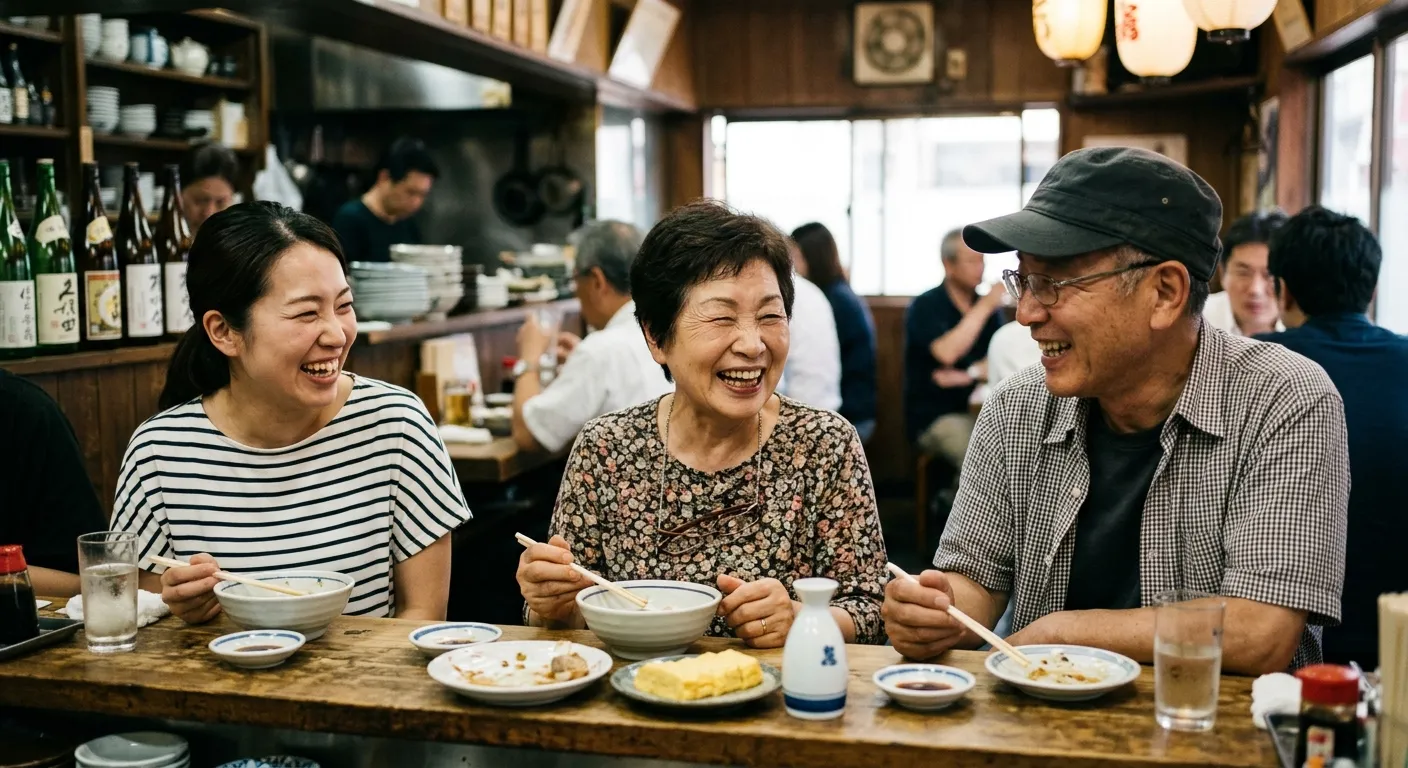 Vecinos de Osaka riendo juntos con calidez en una taberna, el carácter más singular del Japón