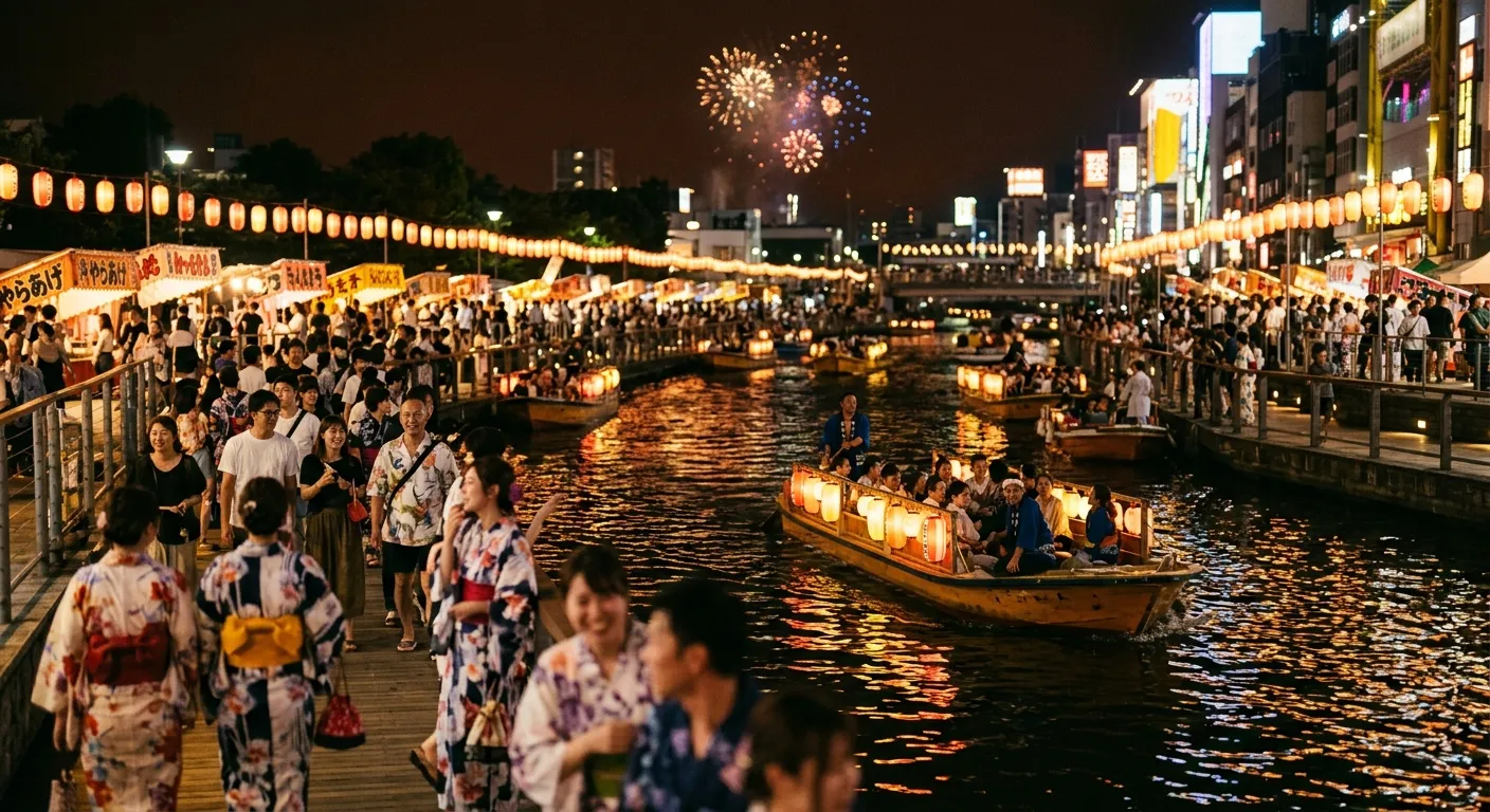 Festival de verano junto al río en Osaka con barcos y farolillos, festivales y eventos: el ritmo de la ciudad