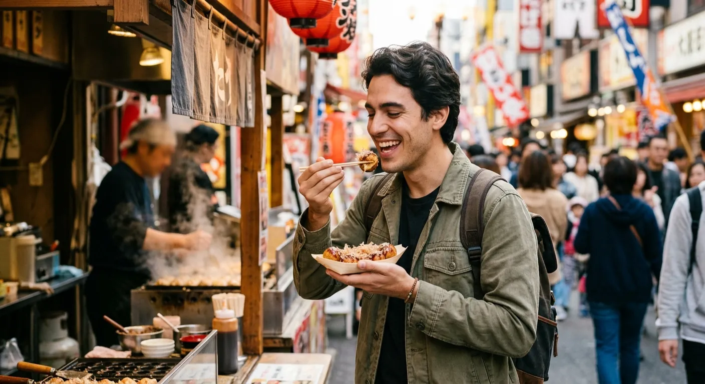 Joven viajero hispanohablante probando takoyaki en un puesto de Osaka, guía de viaje: cómo disfrutar Osaka