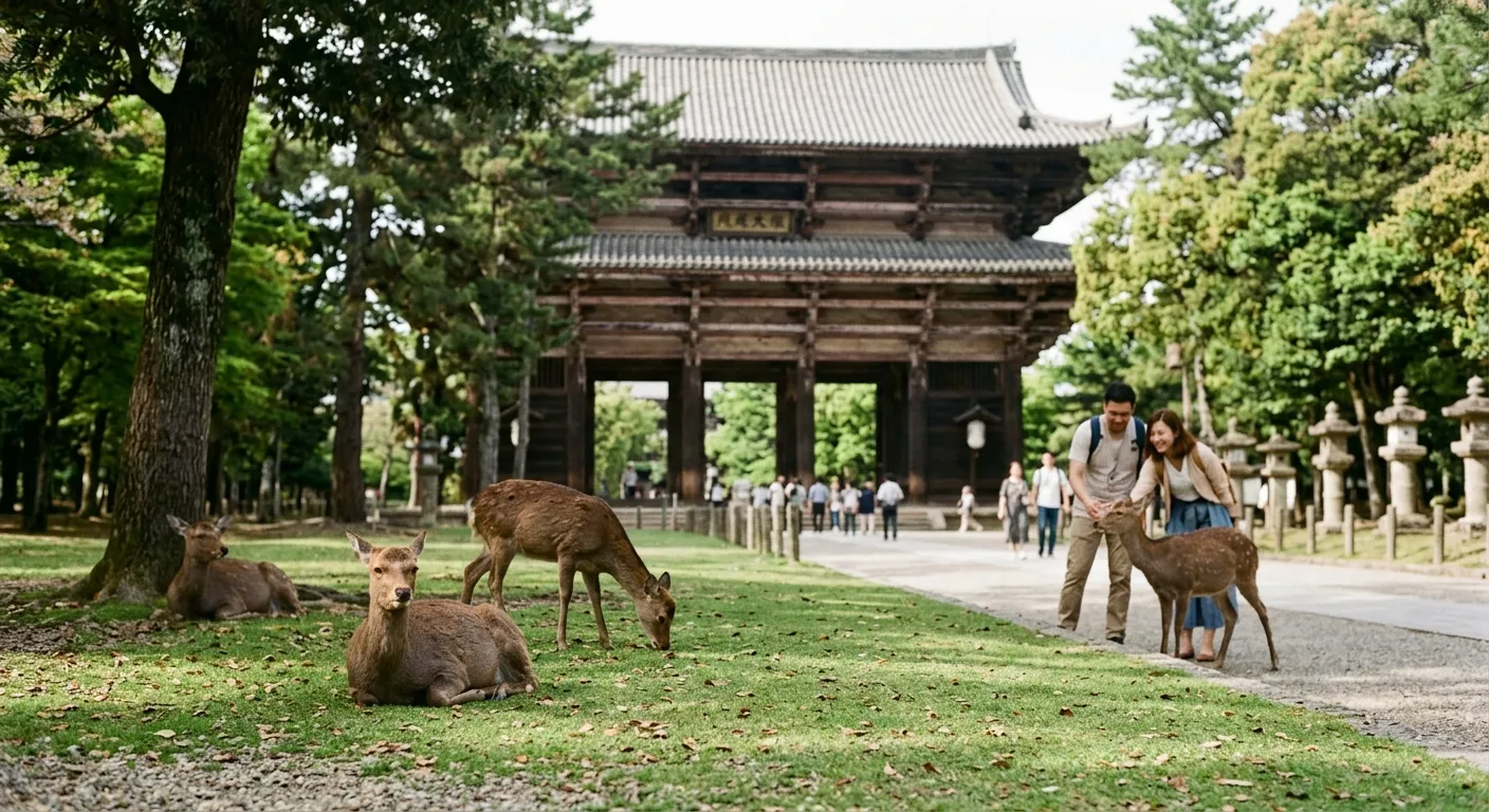 Ciervos mansos en un parque junto a un templo cerca de Osaka, excursiones desde Osaka: ampliando tu viaje