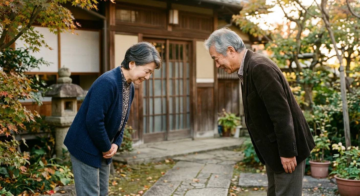 Dos personas japonesas se saludan reconociendo una relacion de apoyo