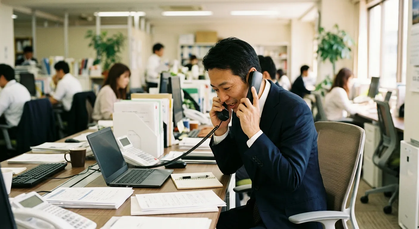 Un profesional japones hace una leve reverencia mientras habla por telefono