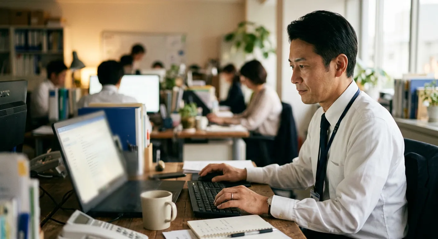 Un empleado japones redacta con cuidado un correo formal en su escritorio