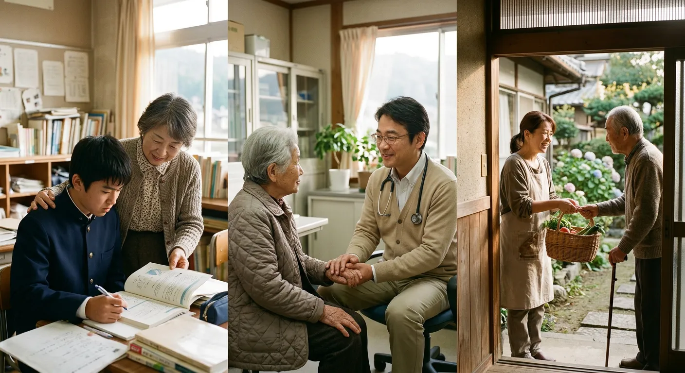 Escenas de relaciones de cuidado con maestros, medicos y vecinos en Japon