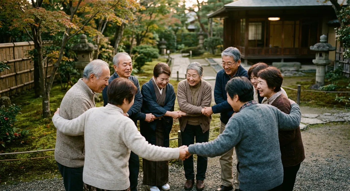 Un circulo de personas japonesas unidas por el apoyo y la gratitud mutuos