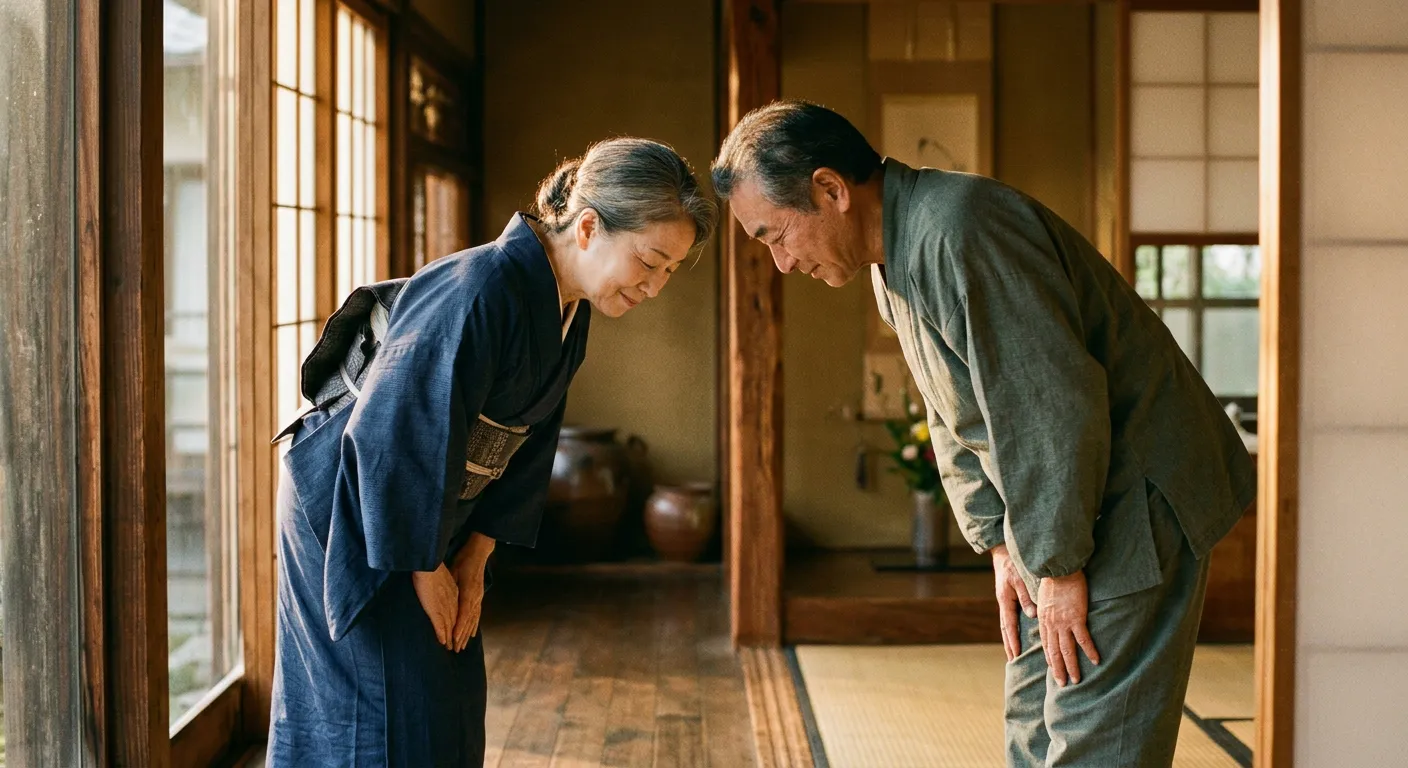 Dos personas japonesas se saludan honrando su relacion continua