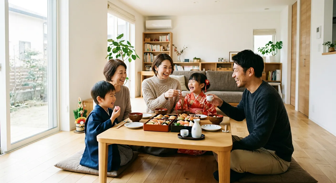 Una familia japonesa moderna celebra feliz el Ano Nuevo en casa