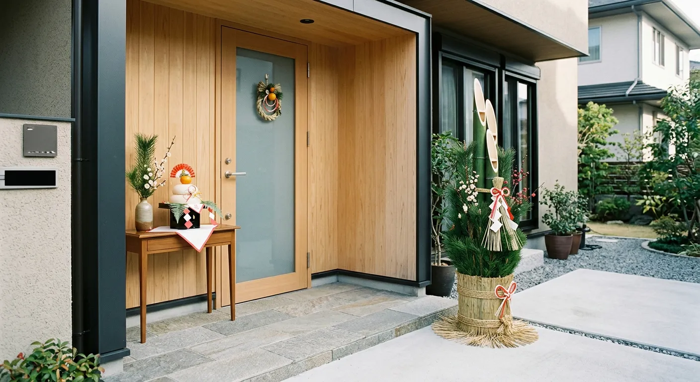 Una entrada moderna decorada con kadomatsu y kagamimochi de Ano Nuevo