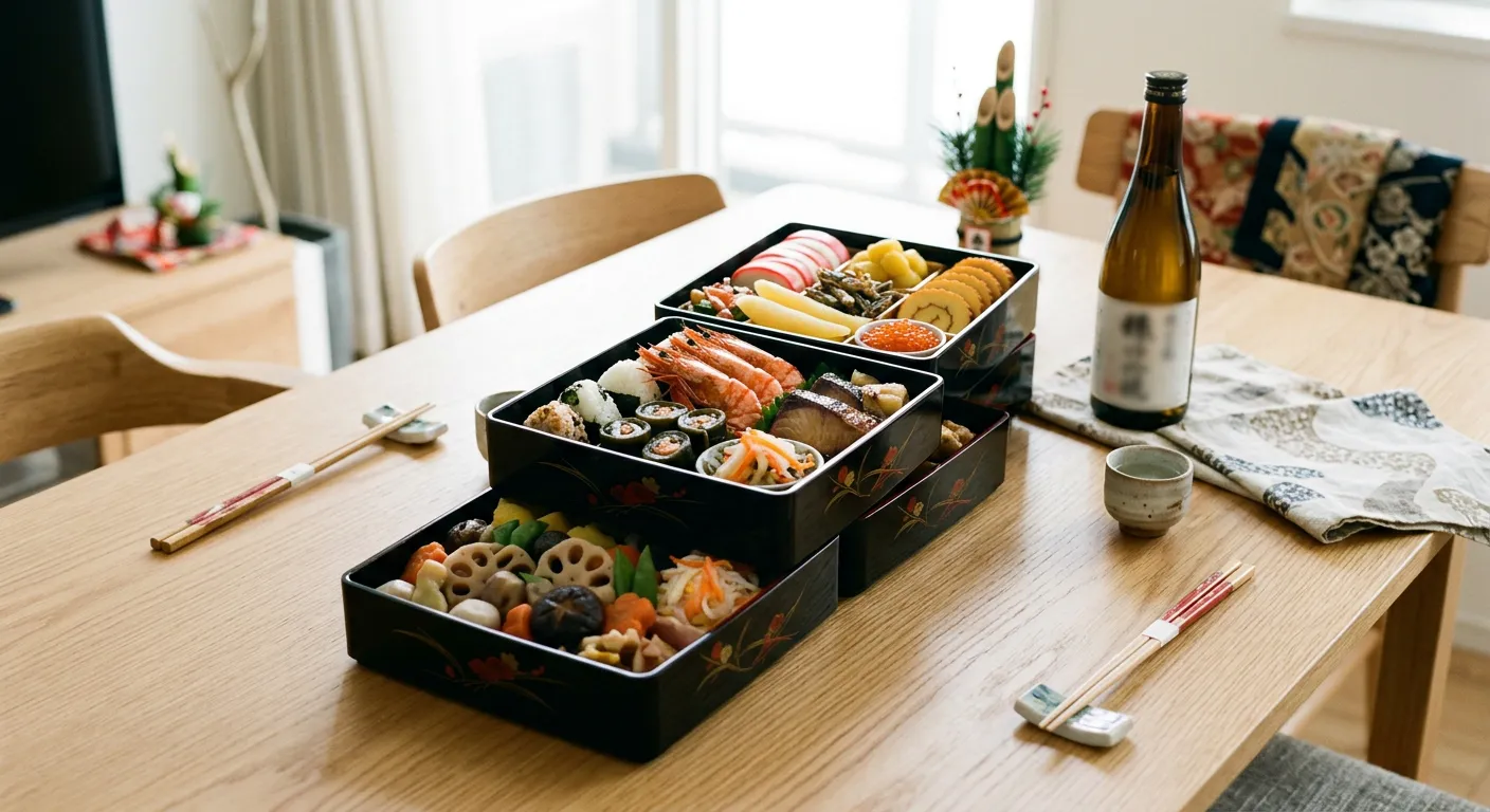 Osechi ryori bellamente presentado en cajas lacadas apiladas