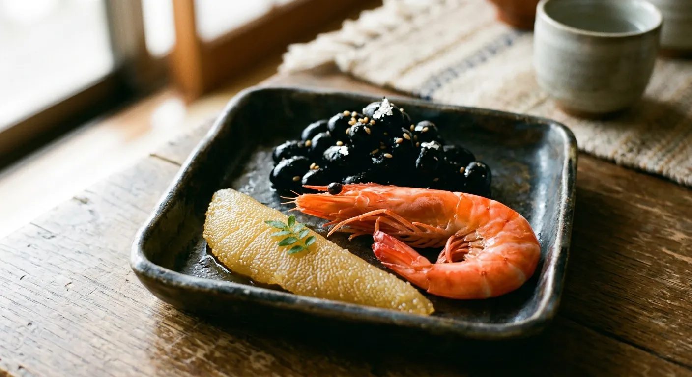 Primer plano de alimentos simbolicos del osechi que traen buena suerte