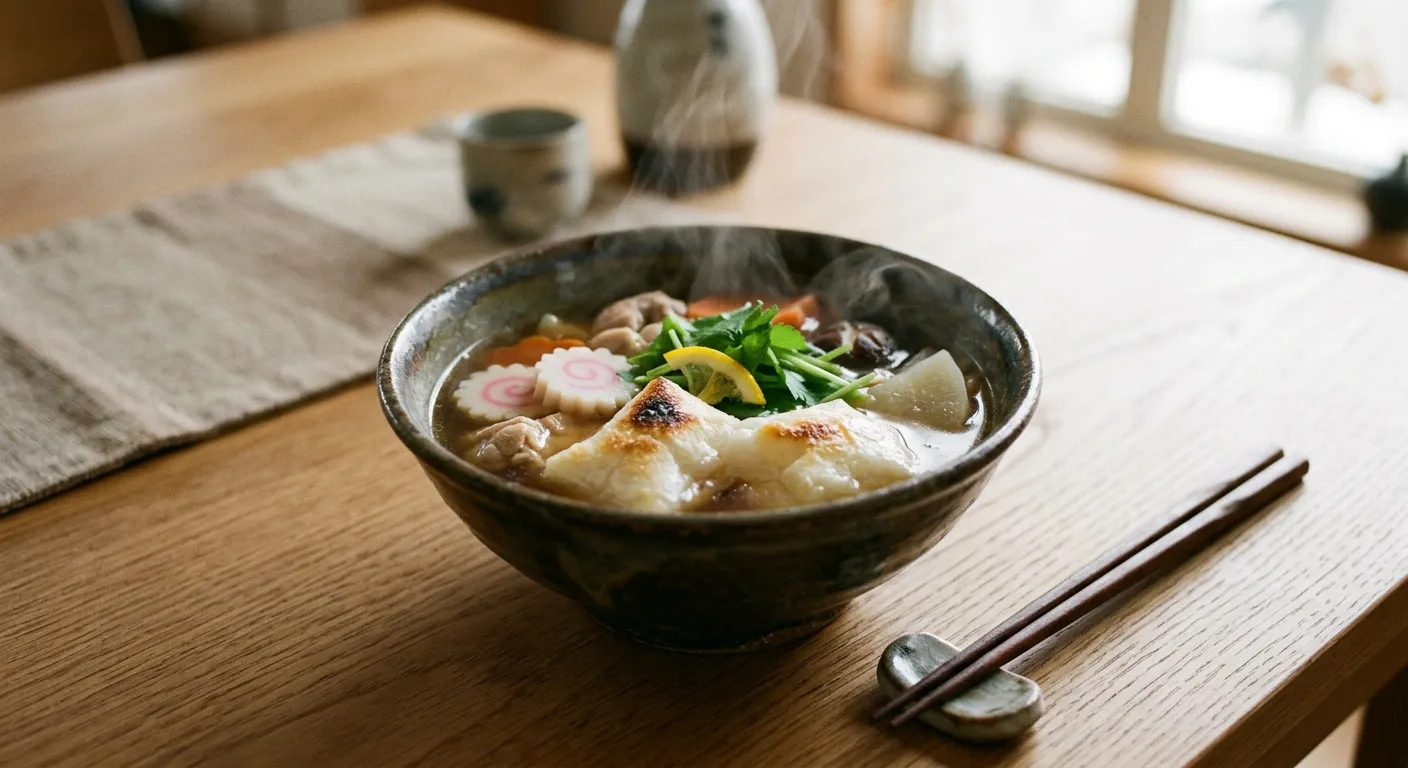 Un cuenco humeante de ozoni con mochi y verduras de Ano Nuevo
