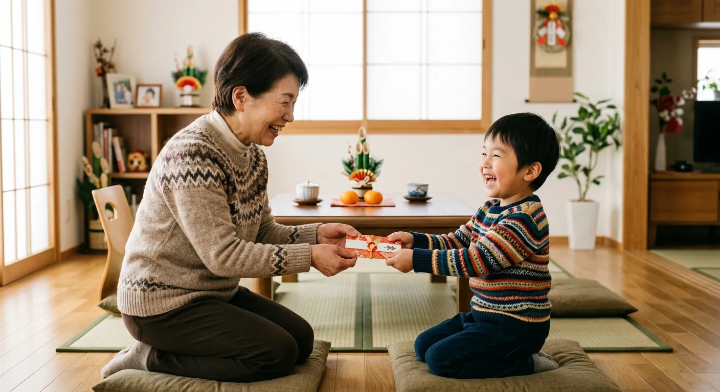 Un nino feliz recibe un sobre de otoshidama de un adulto sonriente