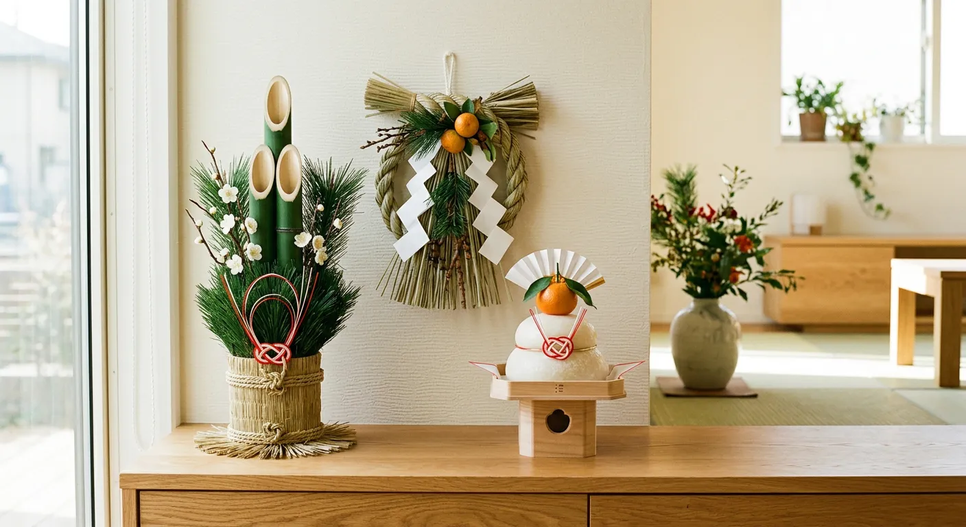 Detalle de las decoraciones de Ano Nuevo: kadomatsu, shimenawa y kagamimochi