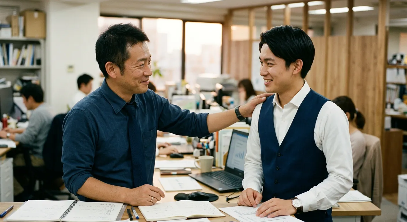 Dos companeros japoneses se reconocen el esfuerzo con un gesto calido