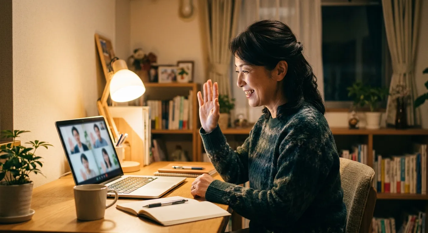 Una persona japonesa se despide por videollamada al terminar el trabajo