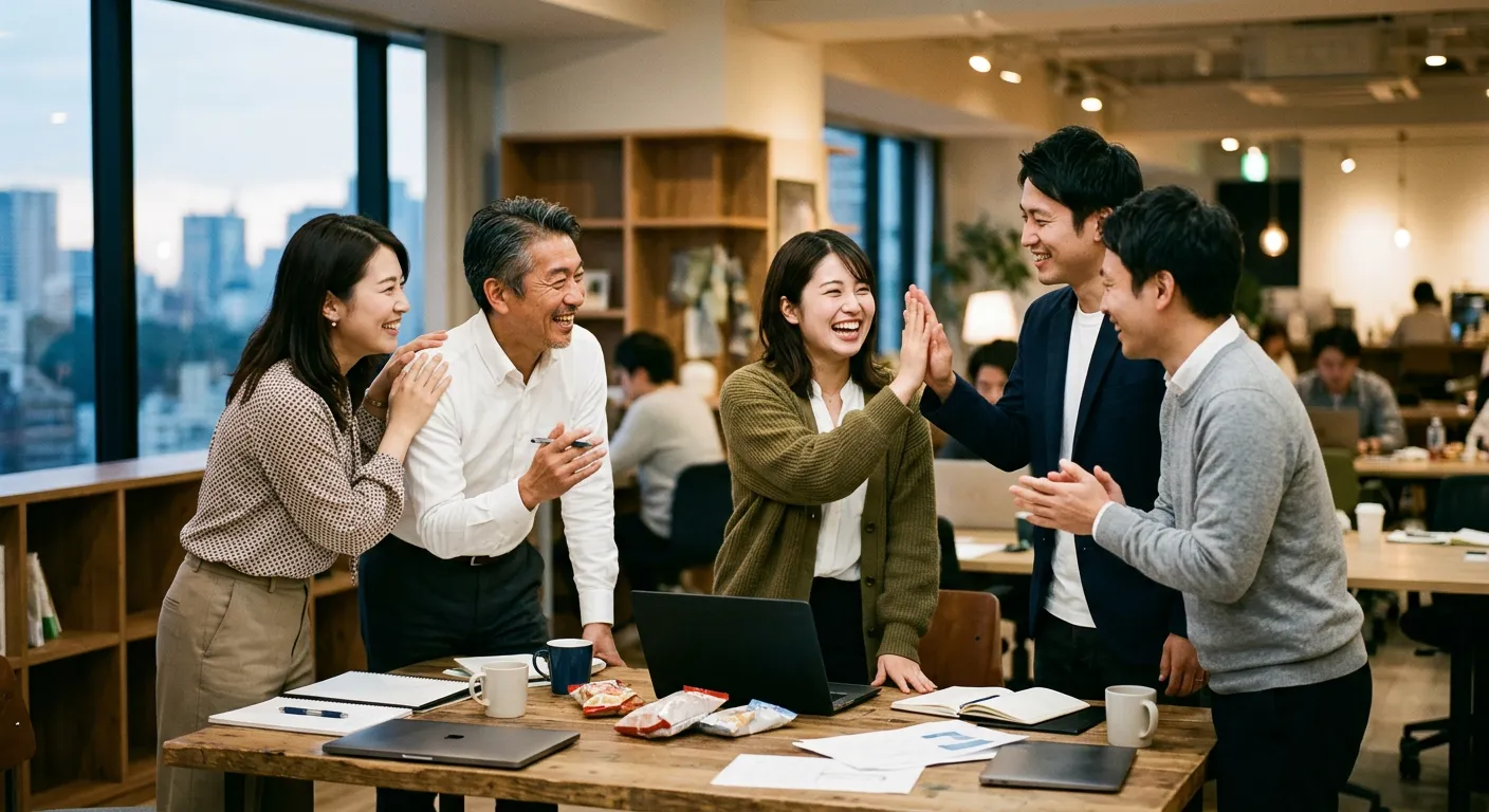 Un equipo japones comparte un logro y se reconoce el esfuerzo mutuo