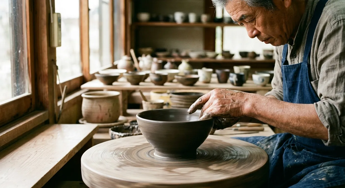 Manos de un artesano japonés moldeando un cuenco de cerámica en el torno, artesanía que perdura siglos