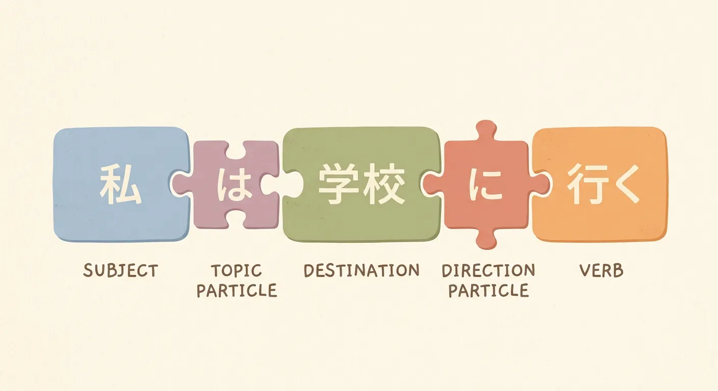 Ilustración de estructura de oración japonesa con partículas como piezas de puzzle