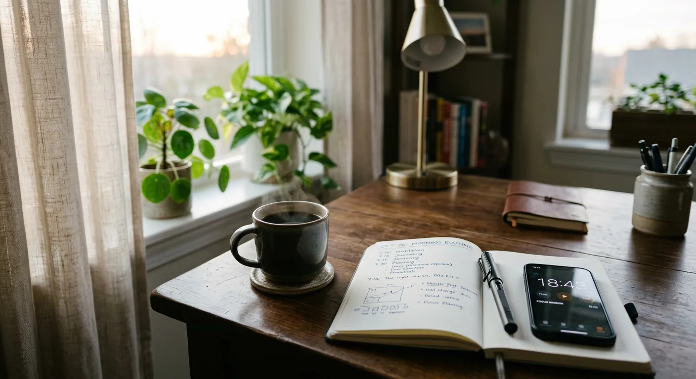 Escritorio matutino con café, cuaderno y smartphone mostrando temporizador
