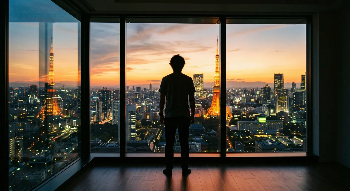 Silueta contemplando Tokyo Tower al atardecer desde un apartamento moderno