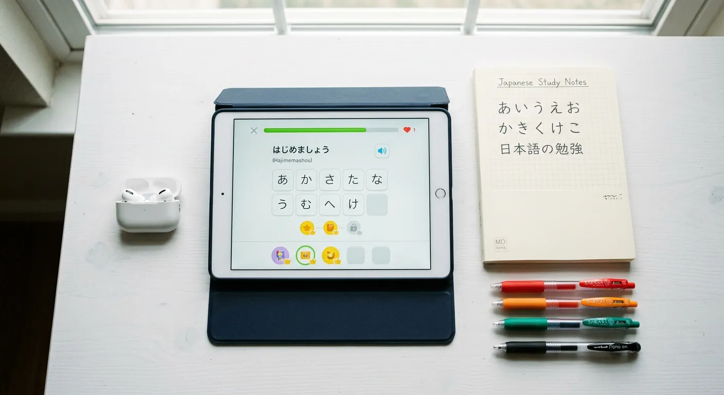 Vista cenital de herramientas de estudio organizadas: tablet, cuaderno, bolígrafos y auriculares