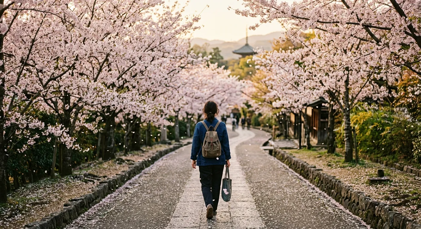 Persona caminando hacia adelante por un camino de cerezos en flor en Japón