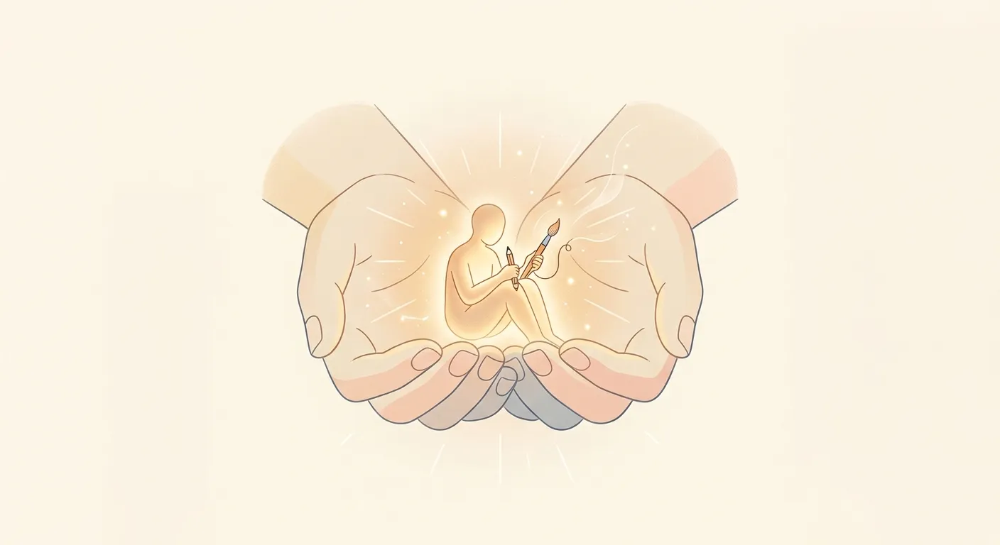Ilustración minimalista de unas manos protegiendo a una persona que sostiene una herramienta, el Ningen Kokuhō