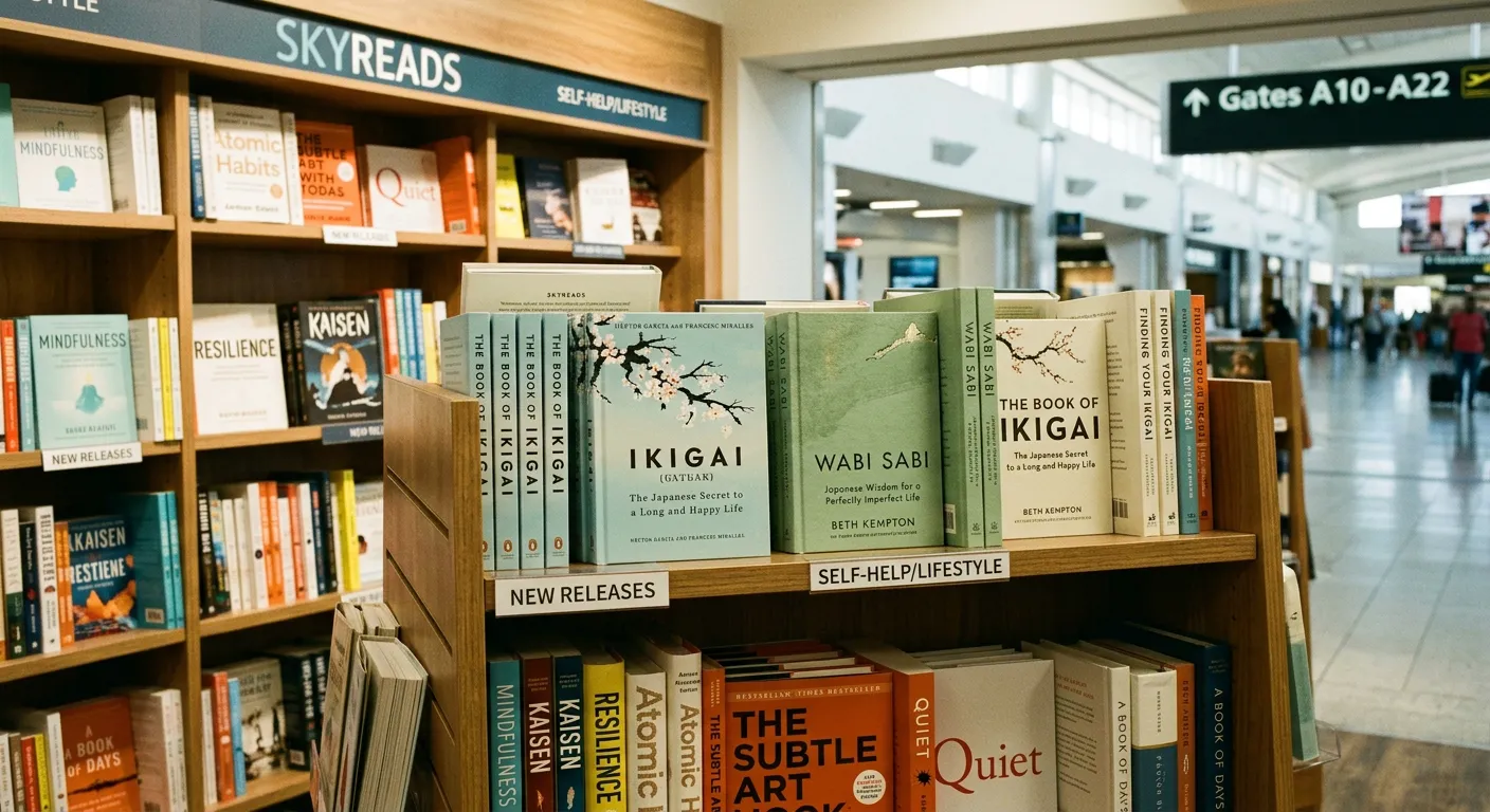 Estantería de librería de aeropuerto con libros de autoayuda sobre Ikigai y Wabi-Sabi