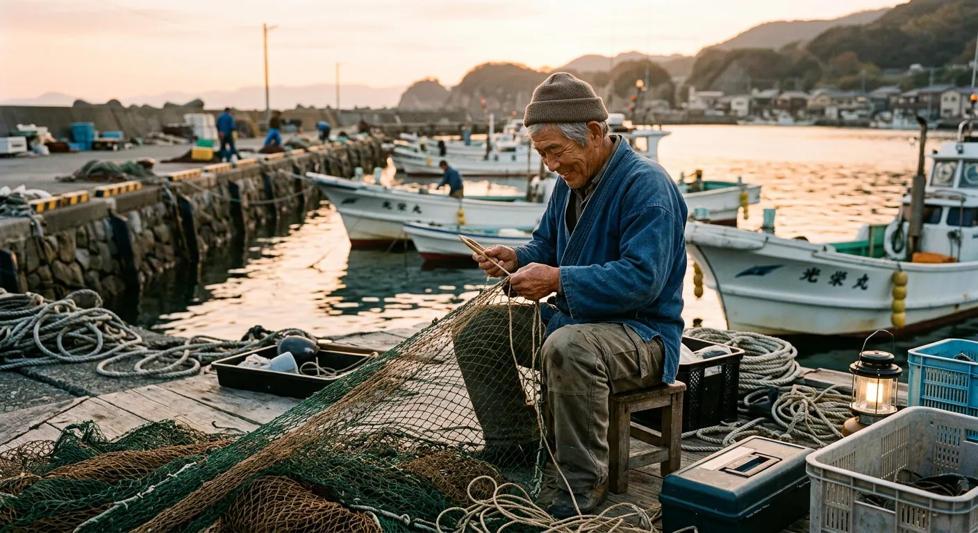Pescador japonés anciano reparando redes en puerto al amanecer