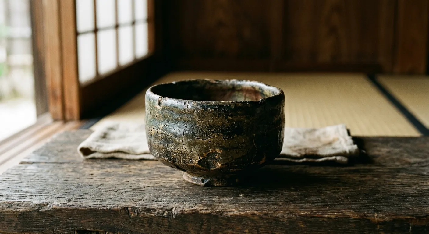 Taza de té japonesa antigua con grietas naturales y esmalte desgastado