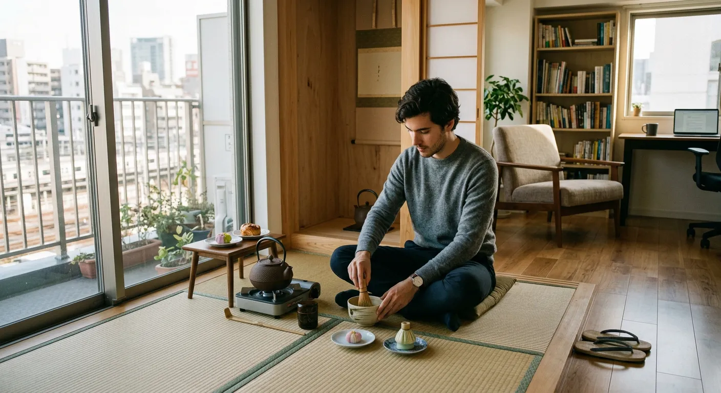 Joven castellano preparando té en zona de tatami de apartamento moderno en Tokio