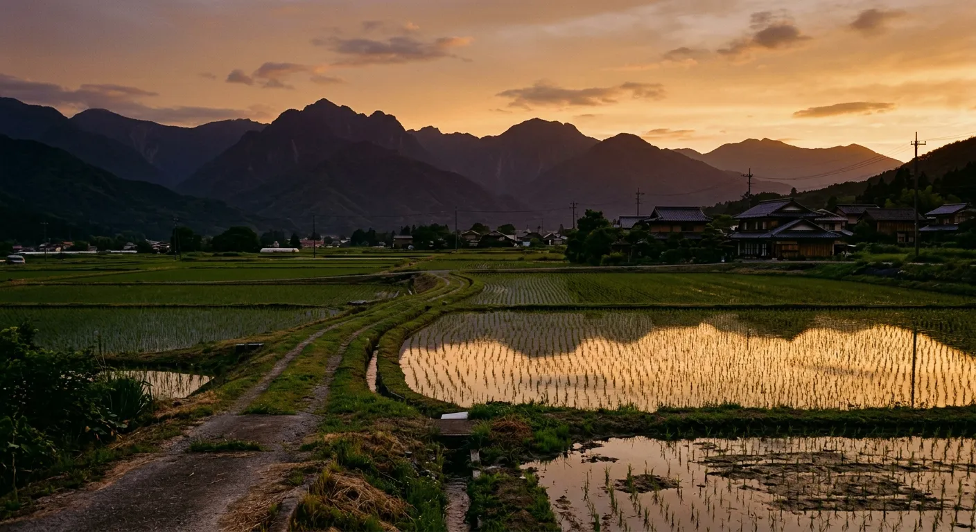 Paisaje rural japonés al atardecer con arrozales y siluetas de montañas