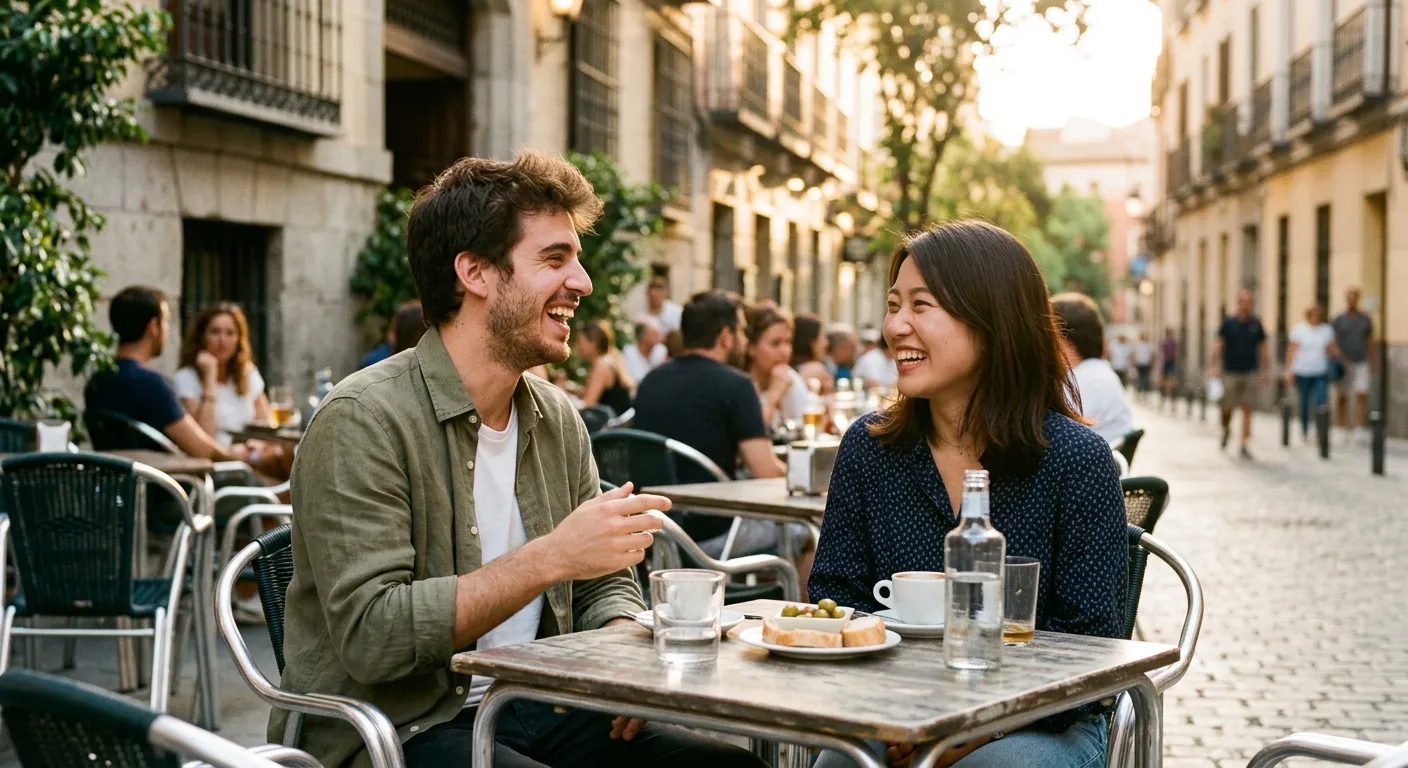 Joven castellano riendo con un amigo japonés en una terraza de café