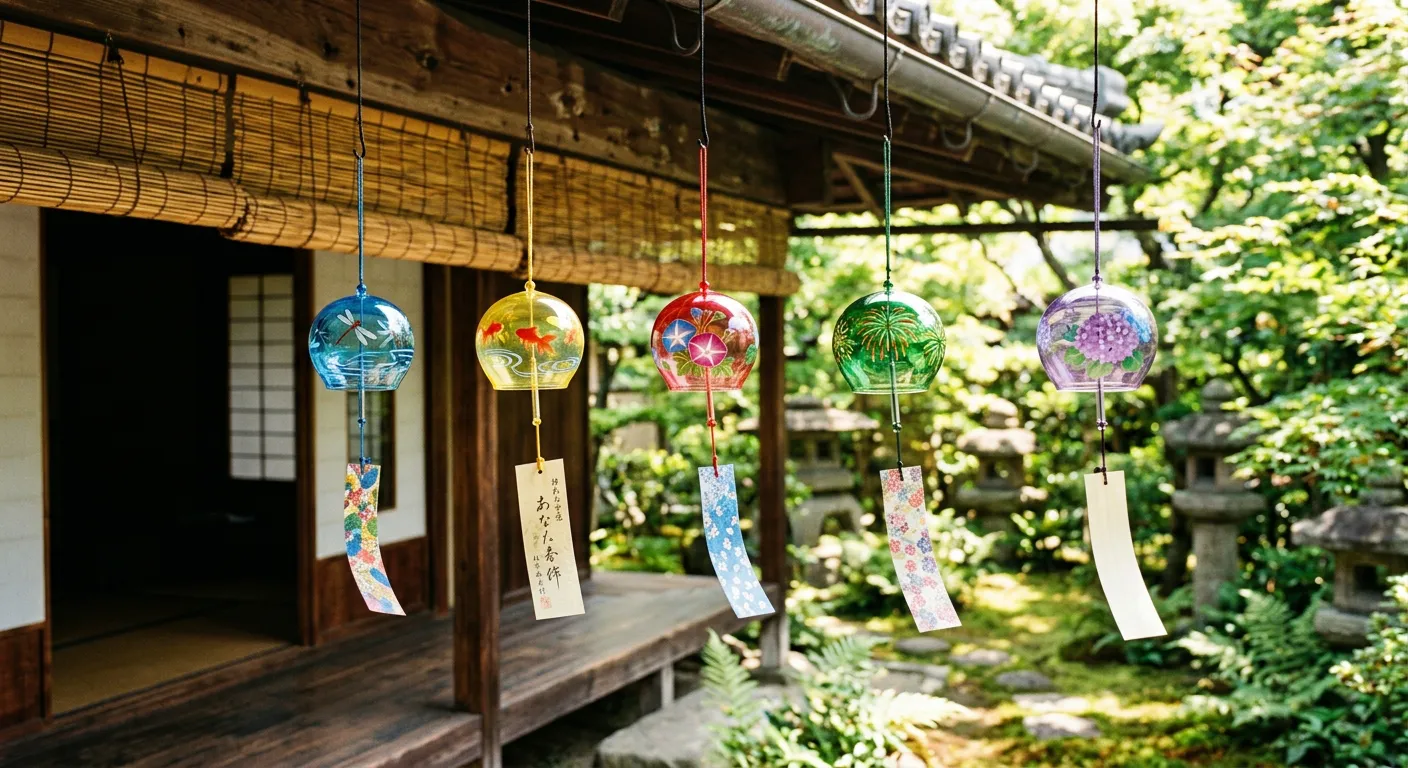 Cinco furin de cristal japoneses colgando de un alero tradicional meciéndose con la brisa