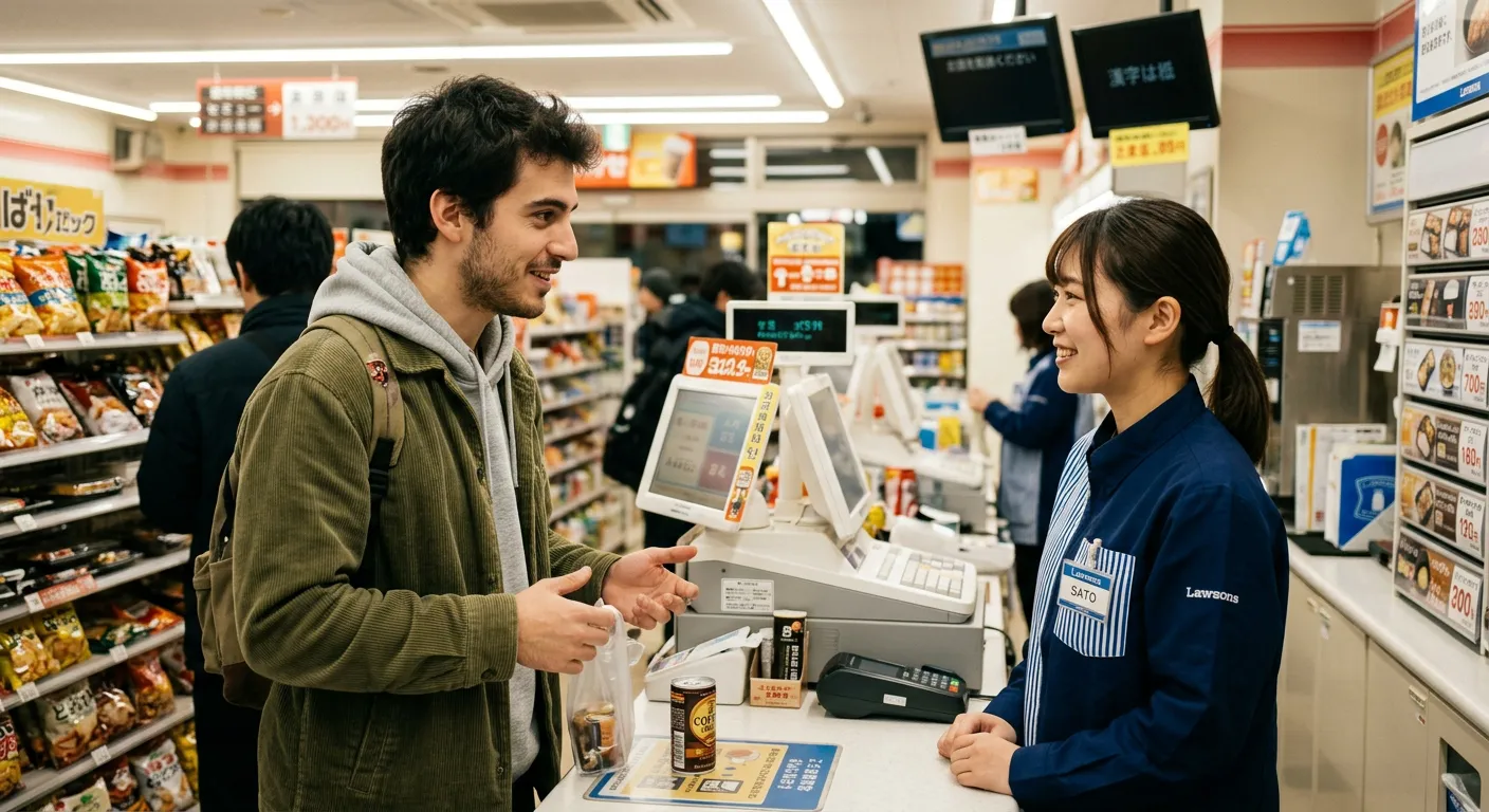 Joven castellano conversando con un empleado de konbini japonés con expresión amigable
