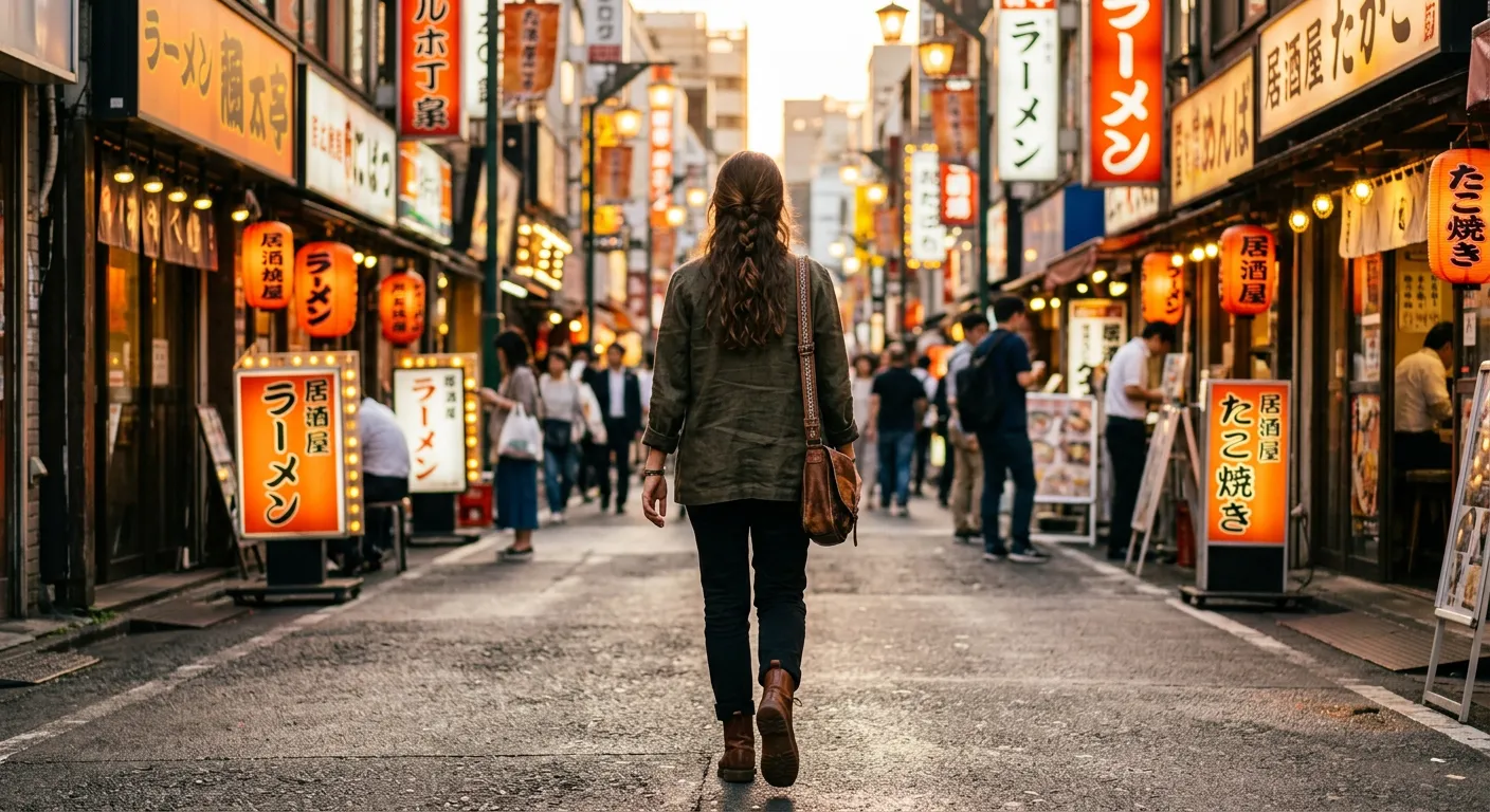 Joven castellana caminando con confianza por una calle de Tokio con carteles japoneses