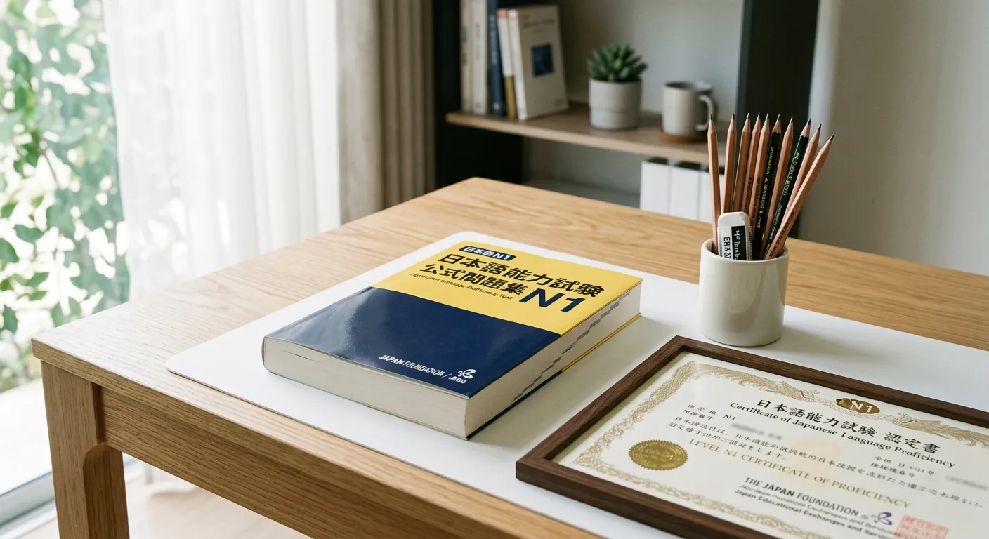 Guía oficial del JLPT y materiales de examen sobre un escritorio moderno