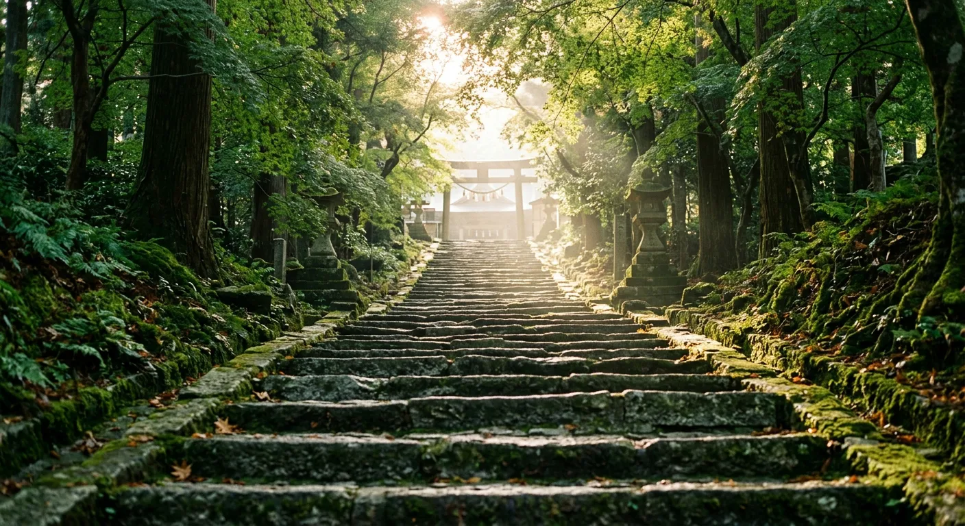 Escaleras de piedra de un santuario japonés ascendiendo hacia la luz matutina