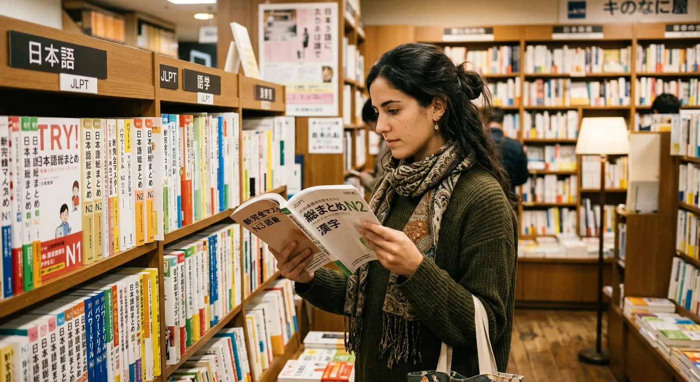 Joven castellana comparando guías de estudio JLPT en una librería japonesa