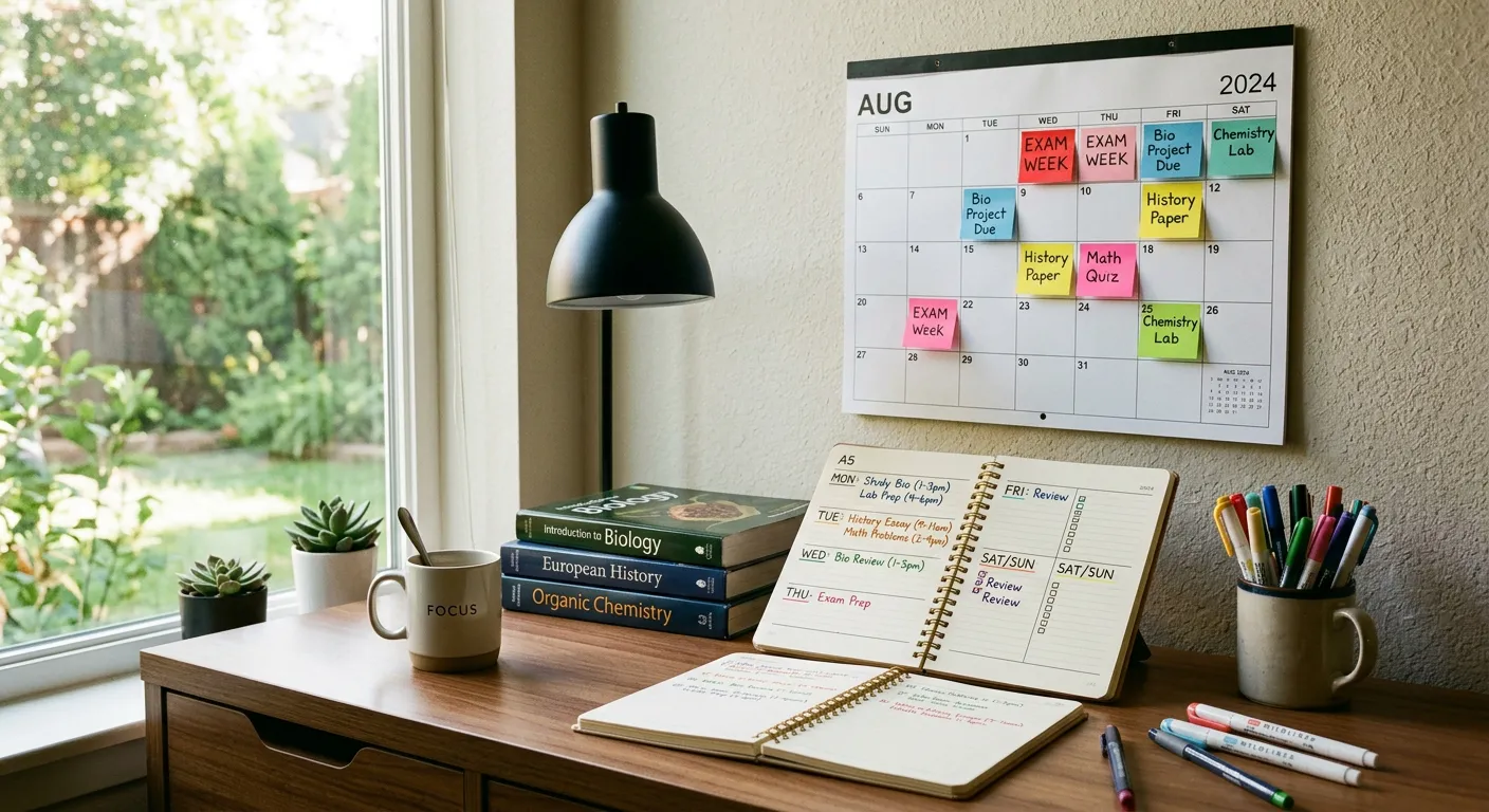 Calendario con notas adhesivas de colores organizando un plan de estudio