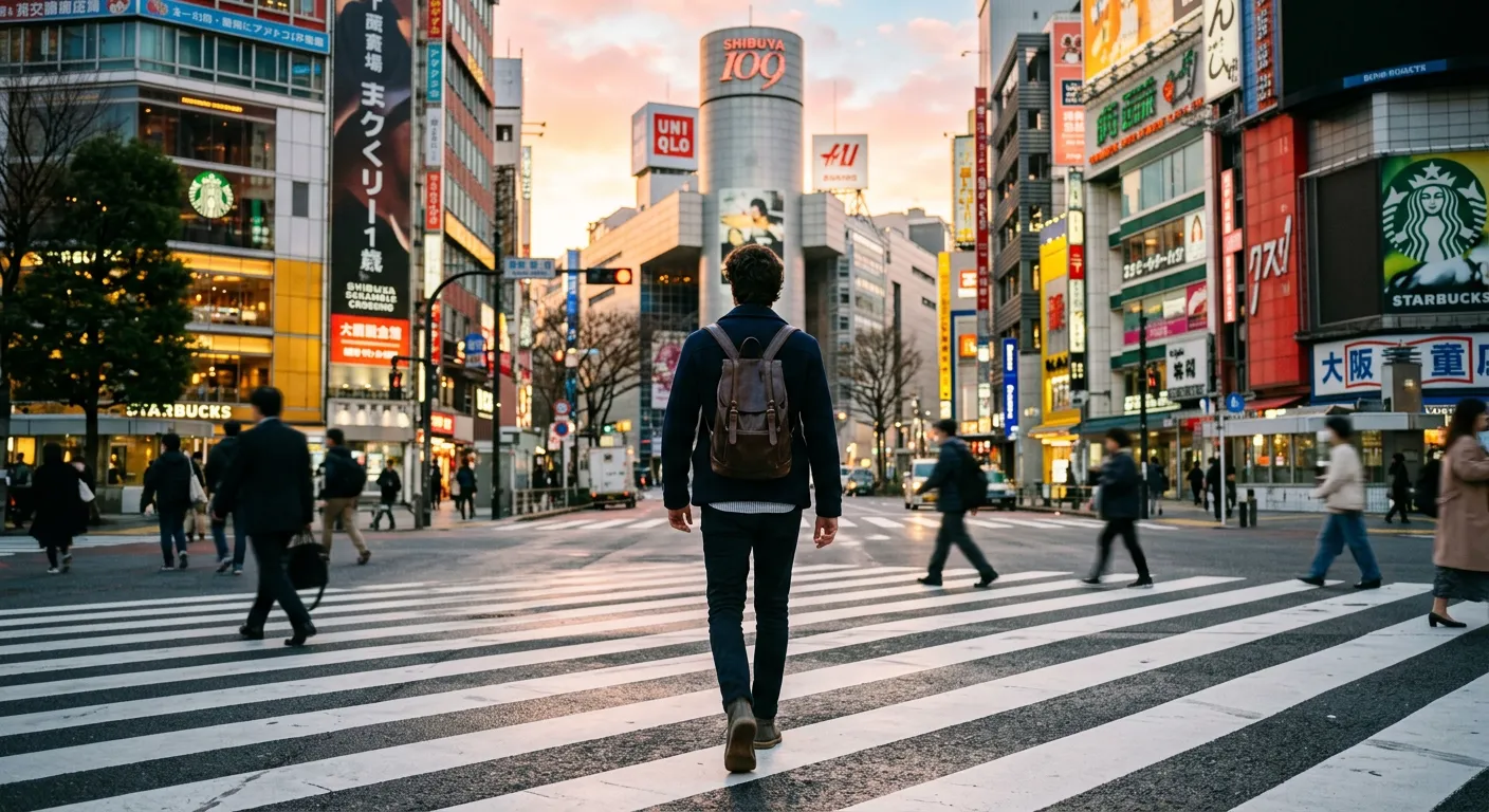 Joven castellano caminando en el cruce de Shibuya al amanecer con paso decidido
