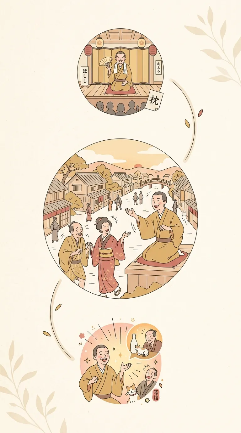 Ilustración minimalista de la estructura en tres partes del rakugo: makura, honddai y sage