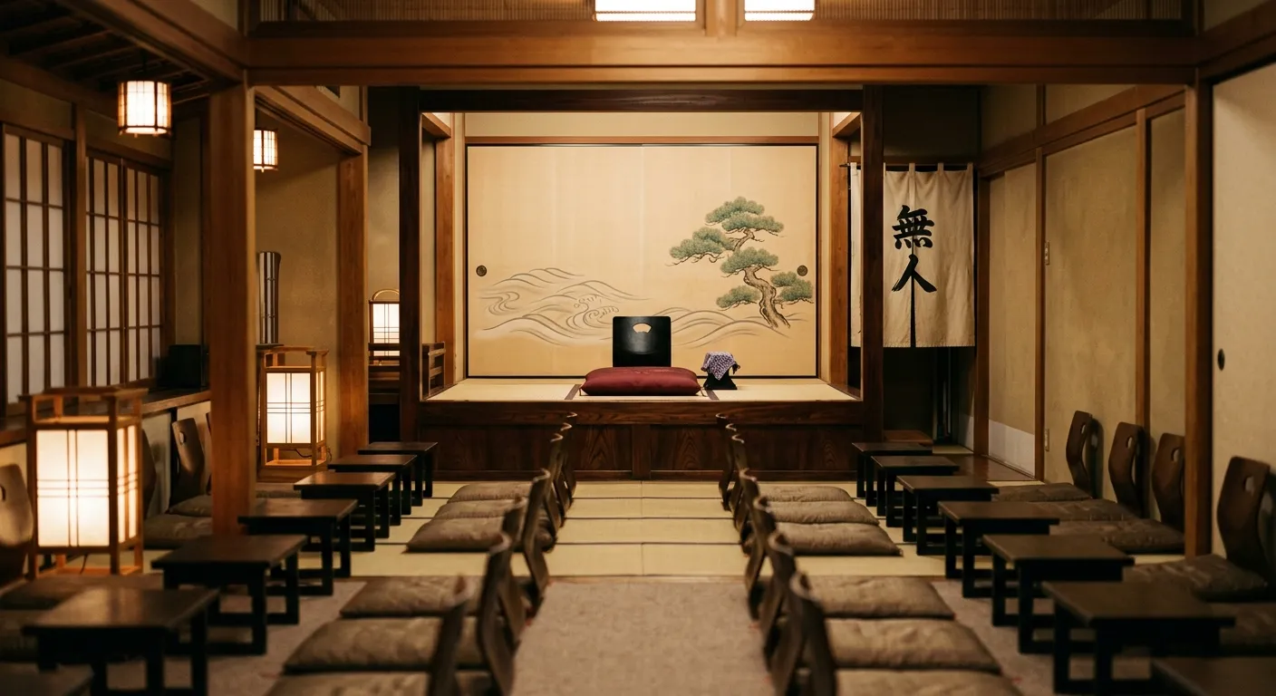 Interior de un teatro yose tradicional con el escenario kōza y el cojín rojo, las dos grandes corrientes Edo y Kamigata