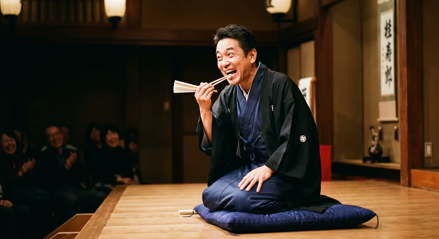 Narrador de rakugo usando su abanico como utilería con expresión cómica, las obras maestras del rakugo