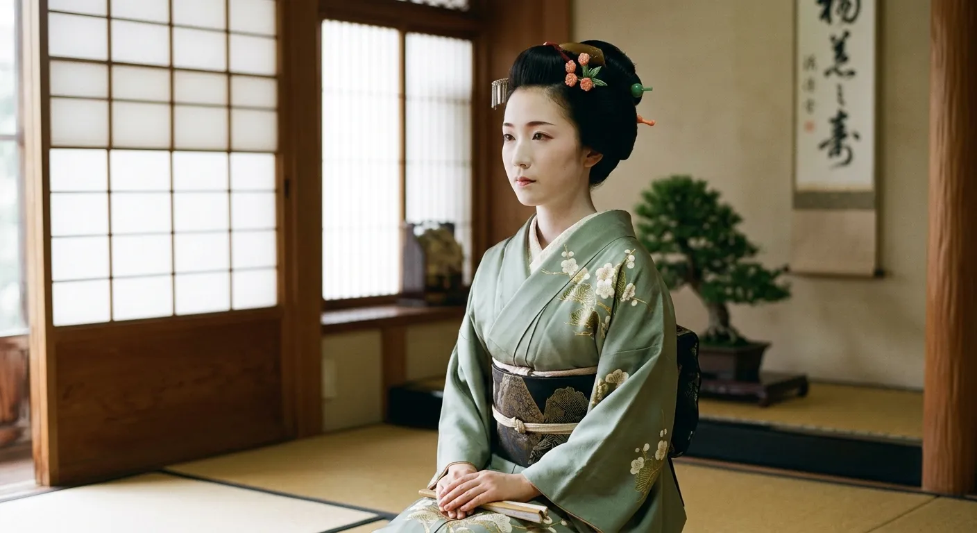 Geisha con kimono refinado y expresión serena en una sala tradicional, la verdad detrás del estereotipo