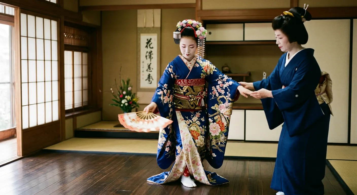 Maiko aprendiz con adornos en el cabello practicando junto a una geiko, geisha y maiko: el camino del aprendizaje