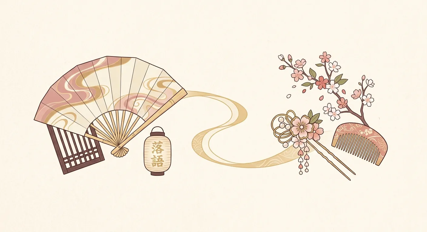 Ilustración minimalista que une un abanico y una flor, lo que une al rakugo y a las geishas