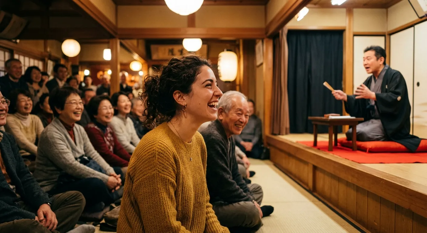 Joven visitante hispanohablante riendo durante una función de rakugo en un teatro yose, cómo experimentar el rakugo