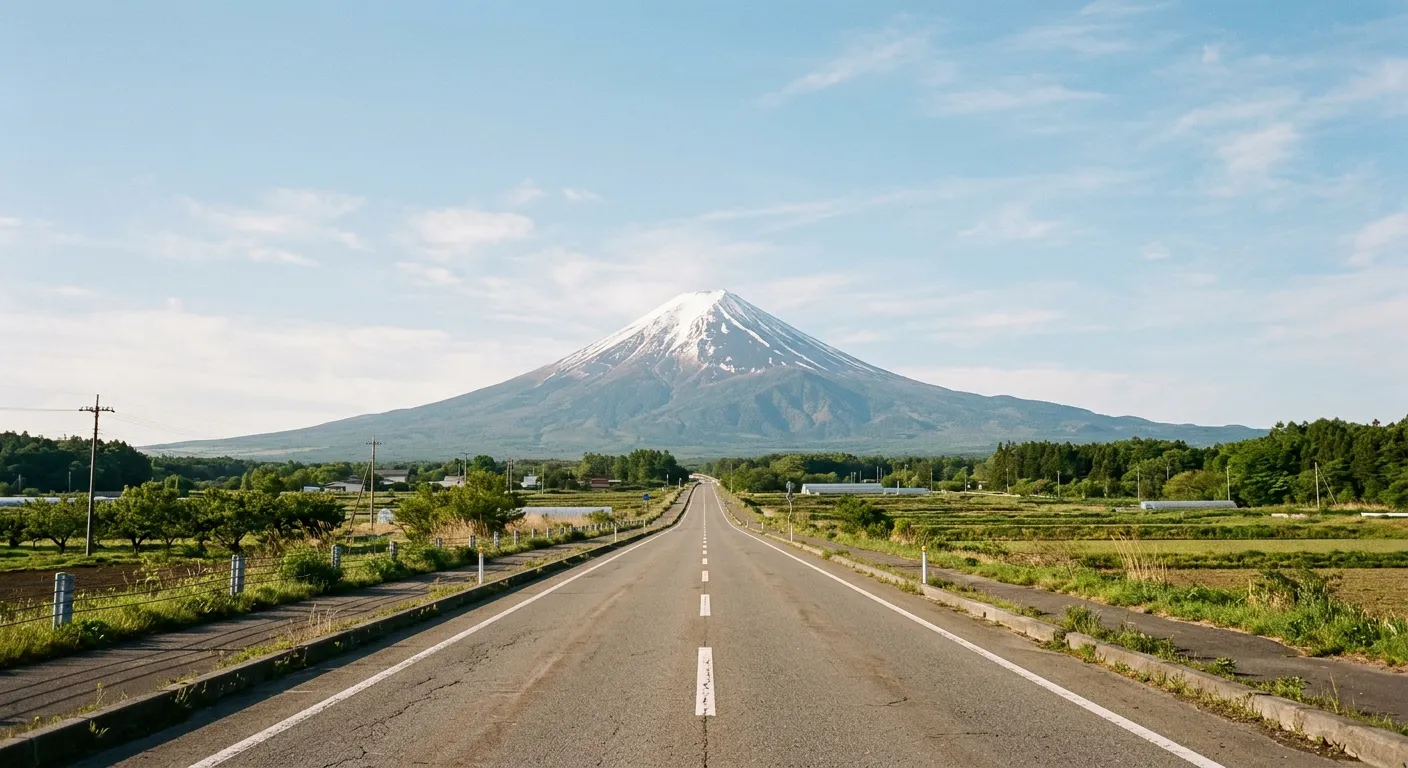 Monte Fuji visto desde lejos con un largo camino que se extiende hacia él
